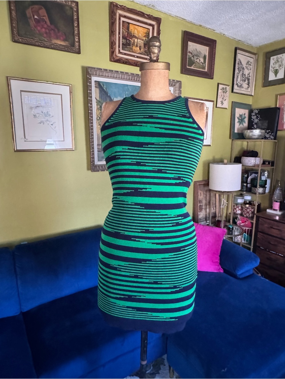 Milly of New York Green and Black Striped Mini Dress